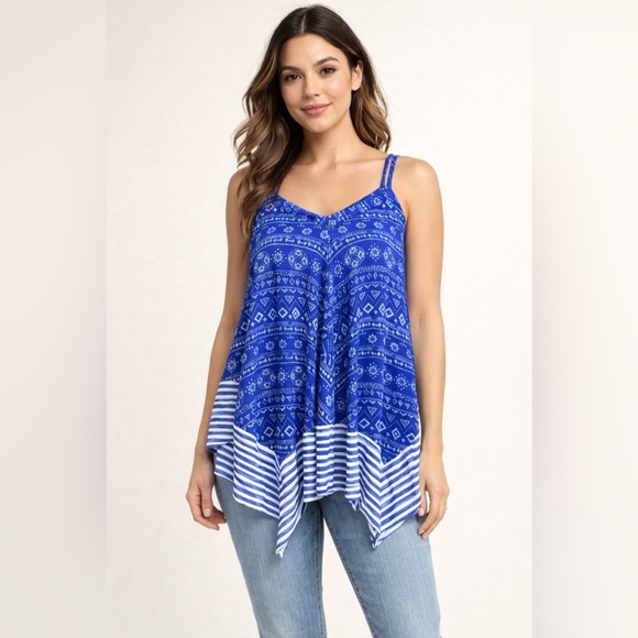 one the land Tops - Blue Boho Bandana Print Flowy Tank Top Handkerchief Hem Strappy Medium